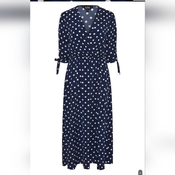 Long Tall Sally Navy Blue white polka dot tie sleeve midi dress US Size 10 - Picture 2 of 12